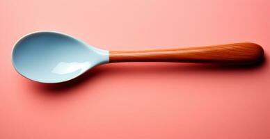 AI generated Wooden varnished spoon isolated on a plain background - AI Generated Image photo