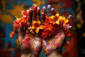 AI generated Abstract Floral Harmony Painted Hands Holiday Concept Generative AI photo