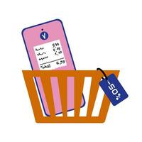 teléfono inteligente con cheque icono en pantalla sitio en naranja compras carro con rebaja etiqueta en él. en línea compras concepto. vector plano ilustración aislado en blanco antecedentes. web sitio compra y pago.