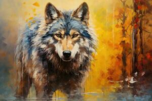 ai generado digital pintura de un lobo en otoño bosque. digital Arte cuadro, lobo cuadro, neo impresionismo, pared arte, fauna silvestre, animales, ai generado foto