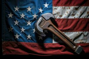 AI generated Hammer on the United States of America flag background. Toned, Worn work glove holding old wrench and US American flag, AI Generated photo