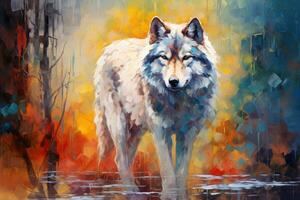 ai generado digital pintura de un lobo en pie en el agua en el bosque, lobo cuadro, neo impresionismo, pared arte, fauna silvestre, animales, ai generado foto