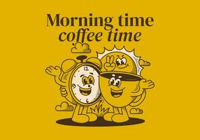 Morning time, coffee time. Mascot character of coffee cup, alarm clock and a sun vector