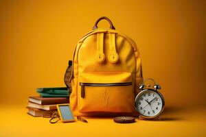 ai generado amarillo mochila con alarma reloj en de madera mesa. espalda a colegio concepto, amarillo mochila con alarma reloj y colegio equipo, ai generado foto