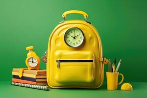ai generado amarillo mochila con papelería en verde antecedentes. espalda a colegio concepto, amarillo mochila con alarma reloj y colegio equipo, ai generado foto