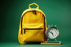 ai generado amarillo mochila con alarma reloj en verde antecedentes. espalda a colegio concepto, amarillo mochila con alarma reloj y colegio equipo, ai generado foto