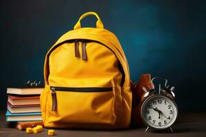 AI generated Yellow backpack and alarm clock on wooden table. Back to school concept, Yellow backpack with alarm clock and school equipment, AI Generated photo