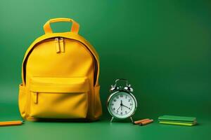 ai generado colegio mochila, alarma reloj y papelería en verde antecedentes. espalda a colegio concepto, amarillo mochila con alarma reloj y colegio equipo, ai generado foto