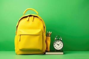 ai generado amarillo mochila y alarma reloj en verde antecedentes. espalda a colegio concepto, amarillo mochila con alarma reloj y colegio equipo, ai generado foto