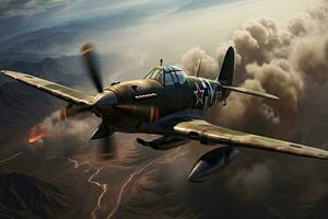 AI generated World War II fighter jet in the clouds. 3D illustration, world war 2 era fighter plane, AI Generated photo