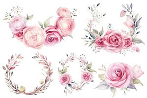ai generado acuarela conjunto de rosado rosas y floral coronas aislado en blanco fondo, coronas, floral marcos, acuarela flores rosado rosas, ilustración mano pintado, ai generado foto