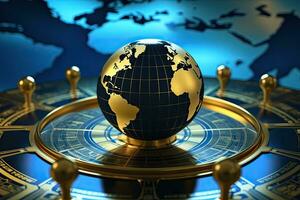 AI generated Globe and map of the world on a golden background, World government that prioritizes global cooperation and diplomacy, AI Generated photo