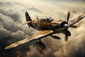 AI generated Airplane in the clouds. 3D render. Vintage style, world war 2 era fighter plane, AI Generated photo