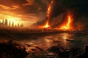 AI generated Conceptual image of a natural disaster with a burning city in the background, World collapse, doomsday scene, digital painting, AI Generated photo
