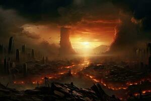 AI generated Fantasy landscape with burning city in the night. 3D rendering, World collapse, doomsday scene, digital painting, AI Generated photo