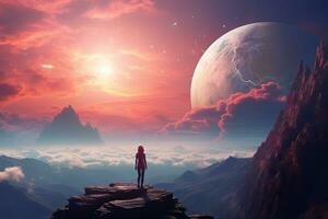 AI generated Woman standing on the edge of a cliff with a view of the planet Earth, woman standing on top of a mountain looking at a distant futuristic planet in the sky, digital art style photo