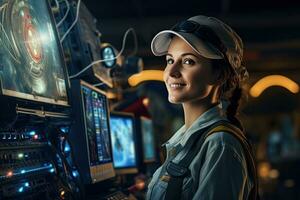 ai generado retrato de un hermosa hembra piloto en pie en el controlar habitación, mujer profesional ingeniero, eléctrico especialista, ai generado foto