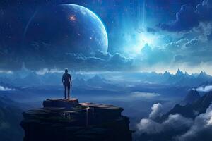 AI generated Man standing on the edge of a cliff and looking at the moon, woman standing on top of a mountain looking at a distant futuristic planet in the sky, digital art style, AI Generated photo