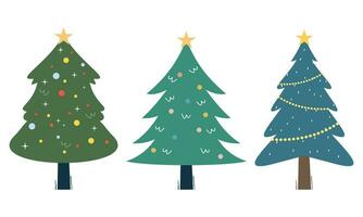 Collection of Christmas trees with decorations. Colorful vector illustration in flat cartoon style