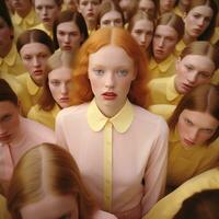 AI generated Young lonely woman in the crowd, created with generative AI photo