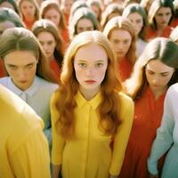 AI generated Young lonely woman in the crowd, created with generative AI photo