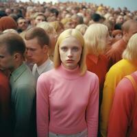 AI generated Young lonely woman in the crowd, created with generative AI photo