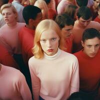AI generated Young lonely woman in the crowd, created with generative AI photo