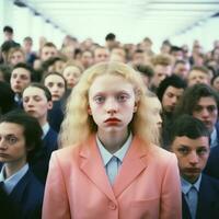 AI generated Young lonely woman in the crowd, created with generative AI photo