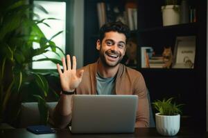 AI generated smiling young man waving hand while using laptop in living room at home, Woman gesturing and talking on video call over laptop at home office, AI Generated photo