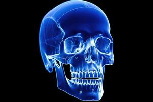 ai generado radiografía imagen de humano cráneo. aislado en negro fondo, radiografía imagen de un humano cráneo, ai generado foto