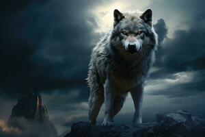 AI generated Grey wolf standing on the edge of a cliff with stormy sky, wolf standing rock front full moon magic realism matte painting wat dangerous powerful creature, AI Generated photo