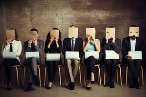 AI generated Group of business people waiting for job interview with boxes on their faces, Young people hiding their faces behind paper sheets with question marks while waiting for job, AI Generated photo