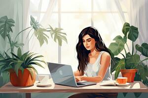 AI generated Young woman working on laptop at home. Vector illustration in cartoon style, young woman teleworking with laptop at home, AI Generated photo