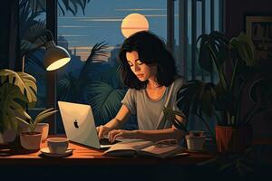 AI generated Woman working on laptop at night in the room. 3d rendering, young woman teleworking with laptop at home, AI Generated photo