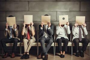 AI generated Group of business people sitting on chairs and covering their faces with paper, Young people hiding their faces behind paper sheets with question marks while waiting for job, AI Generated photo