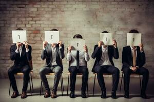 AI generated Group of business people sitting on chairs and covering their faces with letters, Young people hiding their faces behind paper sheets with question marks while waiting for job photo