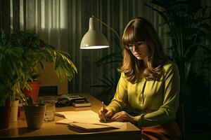 AI generated Young businesswoman sitting at the desk and writing in notebook at night, Young Woman Working in Office, AI Generated photo
