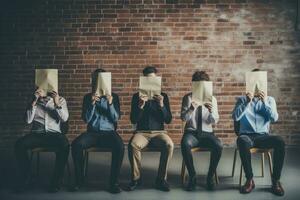 AI generated Group of business people sitting on chairs and covering their faces with paper against brick wall, Young people hiding their faces behind paper sheets with question marks, AI Generated photo