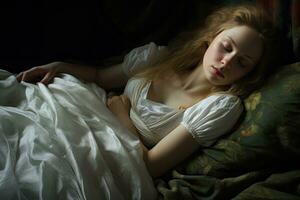 AI generated Young beautiful woman sleeping in bed. Dark background. Selective focus, Young woman sleeping in bed, AI Generated photo