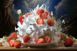 AI generated Strawberry cake with whipped cream and fresh strawberries on wooden table, Whipped Cream Fantasy, A Strawberry Symphony, AI Generated photo