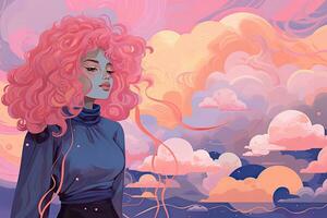 ai generado hermosa niña con rosado Rizado pelo en el nubes vector ilustración, caprichoso postimpresionista ilustración en plano estilo con pastel paleta y sintetizador girar, ai generado foto