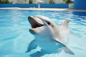 ai generado delfín en nadando piscina, cerca arriba de cabeza y boca, blanco delfín en el piscina, ai generado foto