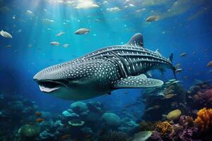 AI generated Whale shark in coral reef. Underwater world. 3d render, Whale shark and school of sharks in a deep blue ocean, AI Generated photo
