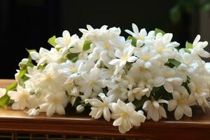 AI generated Beautiful jasmine flowers on a wooden shelf in the room, White jasmine flowers fresh flowers natural, AI Generated photo