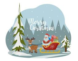 Santa Claus in a New Year's sleigh with a large bag of gifts and a deer. Christmas snowy atmosphere. Merry Christmas and Happy New Year. Vector style.