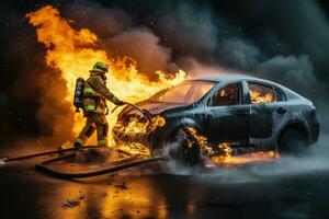 AI generated Firefighters extinguish a burning car on the road at night, A fireman using water and an extinguisher to fight with fire flames in an accident car on the wayside road, AI Generated photo