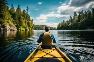 AI generated Kayaking on the lake in the mountains. A man in a yellow kayak sails along the shore, A person's rear view enjoying an eco-friendly activity of kayaking, AI Generated photo