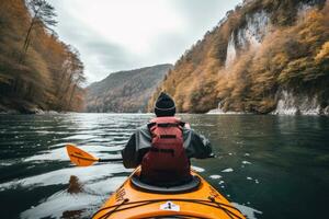 AI generated Man kayaking on the river in the mountains. Active lifestyle concept, A person's rear view enjoying an eco-friendly activity of kayaking, AI Generated photo