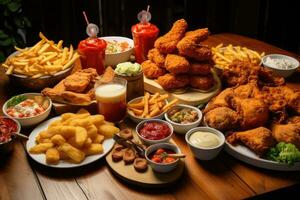 ai generado rápido comida comida en un de madera mesa. pollo pepitas, francés papas fritas, verduras, salsas y mayonesa, un grande avión de reacción aterrizaje en un aeropuerto pista a puesta de sol o amanecer con el aterrizaje foto