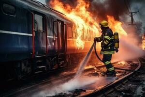 AI generated Firefighter extinguishing a fire in a train station. Firefighters fighting a fire, A fireman using water and an extinguisher to fight with fire flames in an accident car on the wayside photo